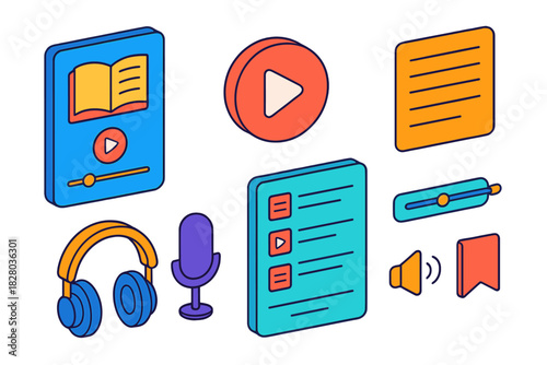 Podcast Interface Icons. Isometric vector illustration set Language learning – story podcast interface, play button, transcript
