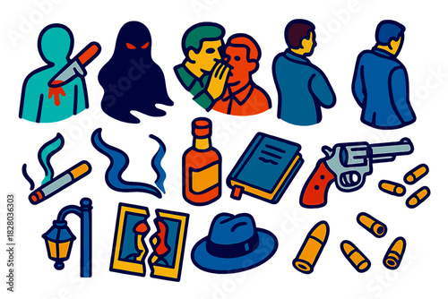 Noir Betrayal Icons. Isometric vector illustration set Noir Betrayal: knife backstab icon, dim shadow figure, whisper in darkness,