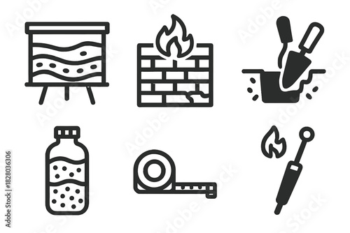 Disaster Archaeology Icons. Line style icons of Disaster Archaeology: stratigraphic section board, burned wall diagram, trench