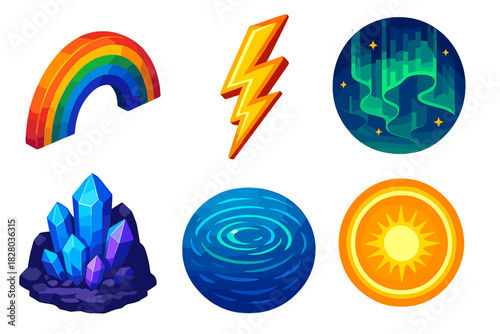 Vibrant Nature Phenomena. Isometric vector illustration set Light in Nature: rainbow arc, lightning bolt, aurora borealis, glowing