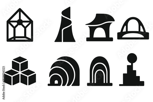 Speculative Architecture Icons. Solid style icons of speculative architecture: quantum house frame, uncertainty tower,