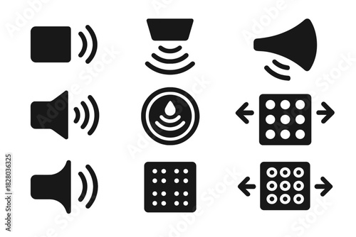 Ultrasound Emitters Icons. Solid style icons of ultrasound emitters: directional speaker icon, phased array emitter, ultrasonic