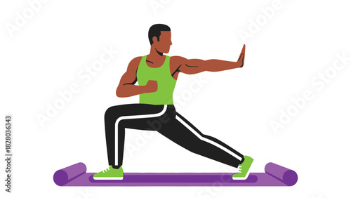 Athletic Man in Lunge or Warrior Stance on Yoga Mat Vector Illustration