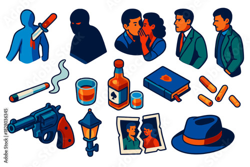 Noir Betrayal Icons. Isometric vector illustration set Noir Betrayal: knife backstab icon, dim shadow figure, whisper in darkness,