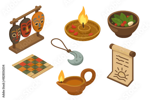 Cultural Rituals Icons. Isometric vector illustration set of Cultural rituals: cultural mask rack, flame blessing tray, prayer