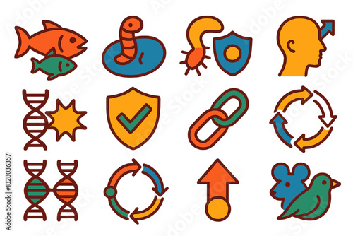 Evolution Icons Collection. Flat vector icons of host-parasite co-evolution: predator-prey pair, parasite attachment, host immune