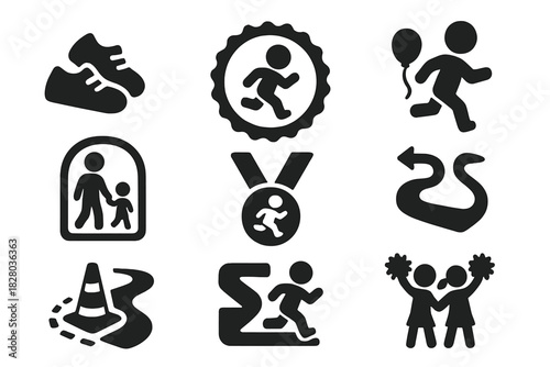 Kids' Reverse Run Icons. Solid style icons of kids’ reverse runs: small shoes backward icon, child runner badge, balloon panel.