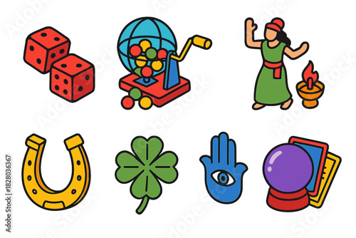 Sociology of Luck Icons. Isometric vector illustration set Sociology of luck: dice rolling, lottery draws, cultural lucky symbols,
