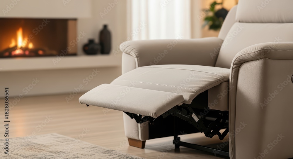 Naklejka premium Cozy beige recliner in modern living room with fireplace