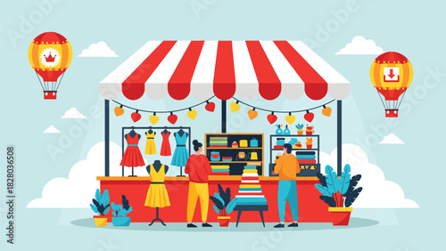 Illustration of a Vibrant Outdoor Marketplace with Clothing, Goods, and Balloons for a Festive, Commercial Event and Retail Experience.