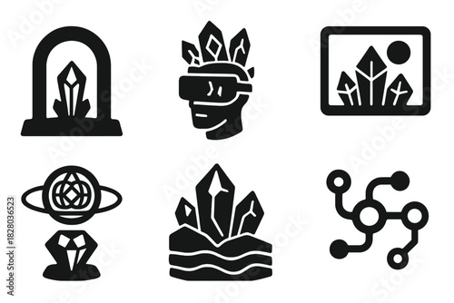 Crystal Icon Environments. Solid style icons of crystal-based virtual environments: immersive gem portals, fractal VR crystals,