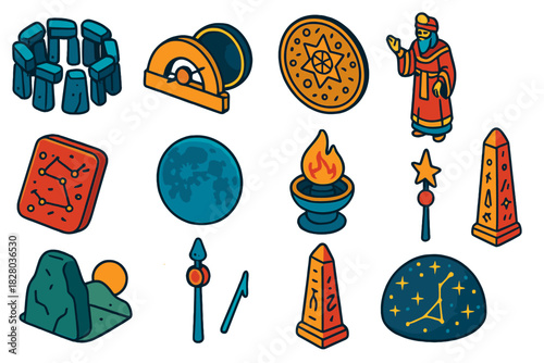 Ancient Astronomy Icons. Isometric vector illustration set Ancient Astronomy: standing stone circle, eclipse prediction tool,
