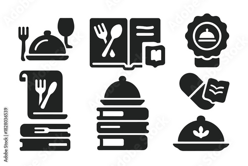 Edible Storytelling Icons. Solid style icons of edible storytelling archives: meal scene icon, flavor + tale book, dish caption