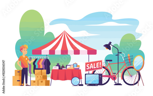 Vibrant Yard Sale Illustration with Smiling Man, Clothes, and Retro Items on Display Under a Striped Canopy and Against a Scenic Background