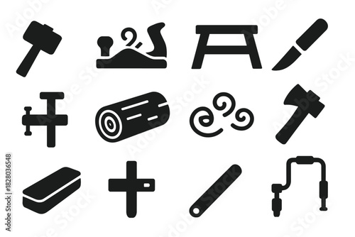 Woodworking Tool Icons. Solid style icons of traditional woodworking: wooden mallet, hand plane, saw bench, carving knife,