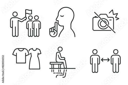 Responsible Travel Icons. Line style icons of Responsible Travel Behavior: guided group symbol, silence gesture icon, no flash