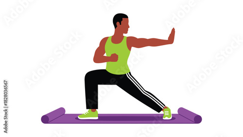 Athletic man practicing martial arts stance or fitness exercise on a yoga mat. Vector illustration of a strong male character doing kung fu or body combat workout.
