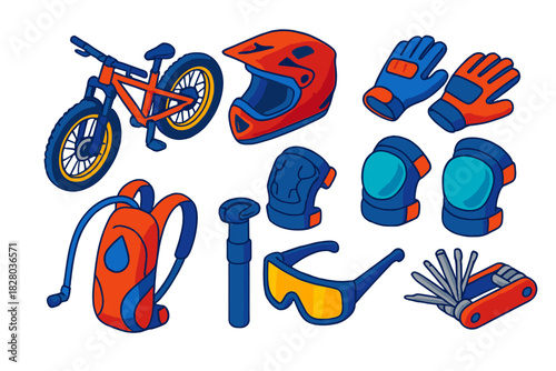 Outdoor Sports Gear Icons. Isometric vector illustration set Outdoor sports – mountain bike, full-face helmet, padded gloves; knee