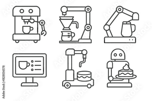 Robotic Cafe Tools Icons. Line style icons of robotic cafe tools: espresso machine bot, coffee brewing robot, milk frother arm,