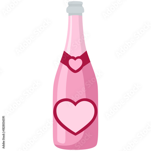 Pink champagne bottle with romantic label. Concept of drinking party, birthday, wedding, christmas, new year celebration, Valentine’s Day.