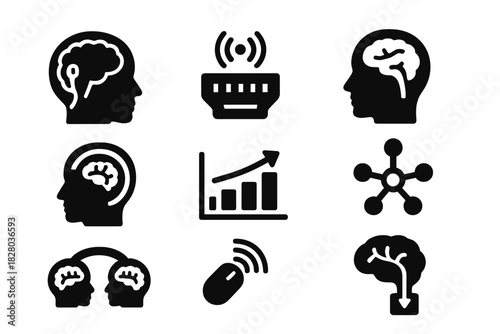 Brain-Computer Interface Icons. Solid style icons of brain-computer interfaces: neural link icon, signal port badge,