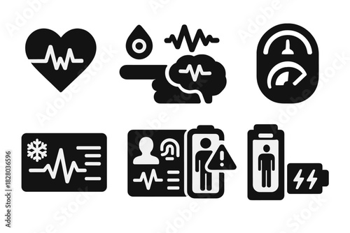 Cryostasis Monitoring Icons. Solid style icons of body monitoring in cryostasis: heart rate sensor, oxygen monitor, brain signal