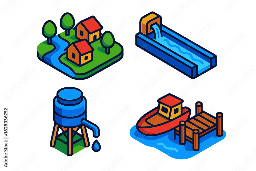 Naklejka premium Downstream Community Icons. Isometric vector illustration set Downstream Communities: Riverside village, irrigation channel,