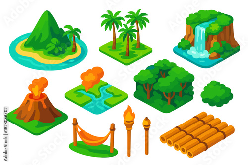 Tropical Mountain Vistas. Isometric vector illustration set Mountain landscapes – tropical mountain isle, palm grove, waterfall