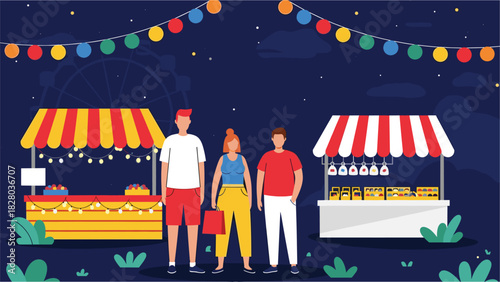 Nighttime Carnival Scene with People at Market Stalls under Festive Lights and a Ferris Wheel in the Background