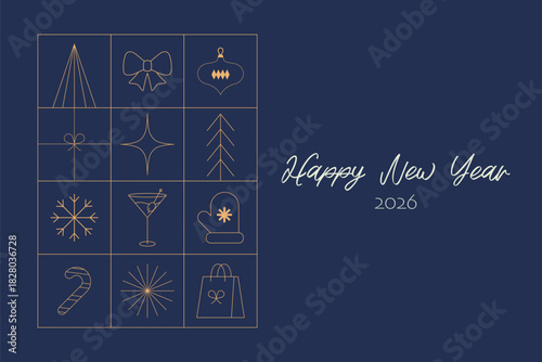 Happy New year 2026. Thin Line frame border poster template. Merry Christmas and Happy new year