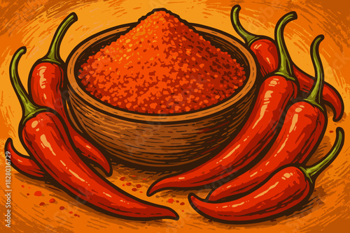 Spice Market Vibrance. Close-up vector illustration of vibrant chili powder in a rustic wooden bowl surrounded by fresh red