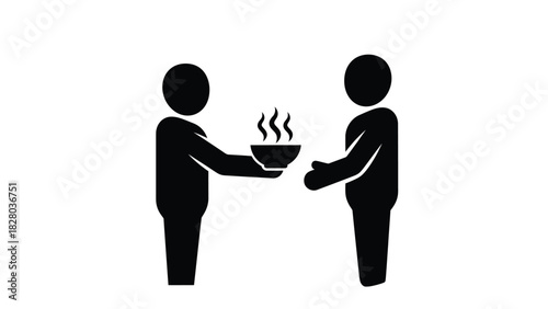 Food Donation and Charity Icon Vector Illustration. Person Giving a Bowl of Steaming Food to Another Figure
