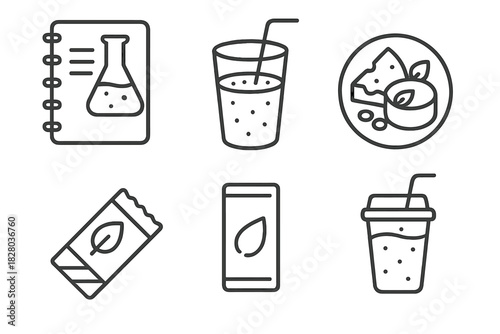 Line Style Recipes Icons. Line style icons of recipe and usage ideas: recipe notebook with beaker, blended smoothie glass,