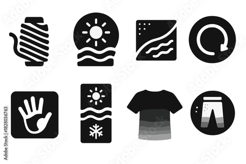 Thermochromic Fabric Icons. Solid style icons of thermochromic fabrics: heat-sensitive thread icon, sun-reactive badge, fabric