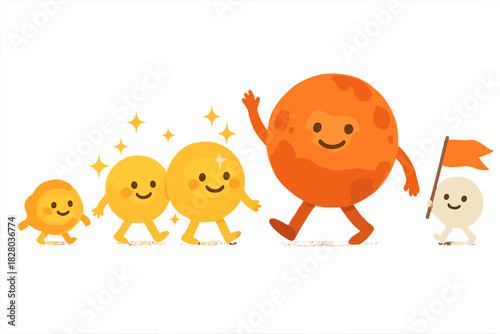 Star Life Parade. Life cycle of a star shown as a parade with tiny protostars, glowing main-sequence stars, red giants, and white