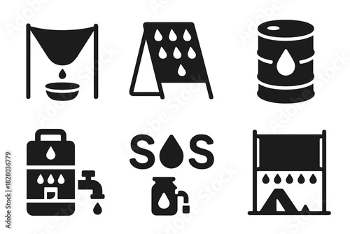 Emergency Water Icons. Solid style icons of emergency water access: survival fog collector, rescue dew panel, emergency supply