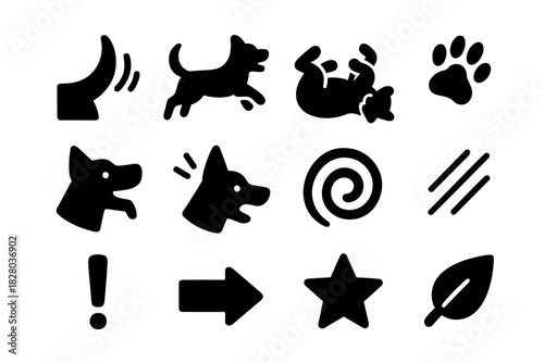 Playful Behaviors Icons. Solid style icons of playful behaviors and signals: wagging tail, jumping, rolling, paw swipe, open mouth
