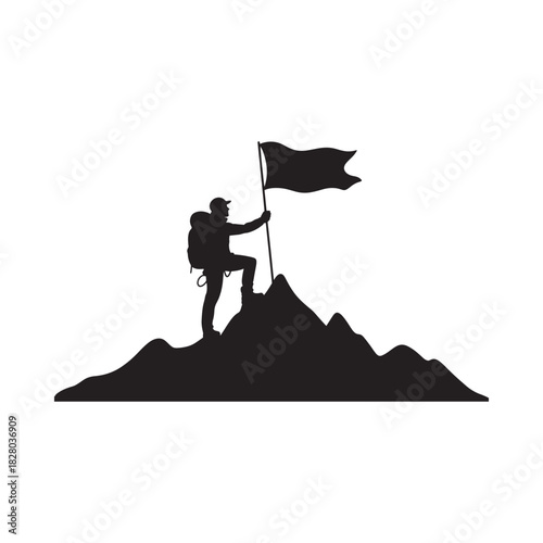 Hiker plants flag on mountain summit silhouette