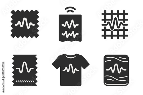 Sonic Fabric Icons. Solid style icons of sonic fabric design: fabric with embedded sound waves, textile vibration icon, acoustic