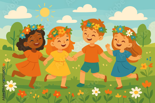 Joyful Meadow Dance. Playful children dressed in colorful floral wreaths dancing in a sunny meadow, bright natural tones,