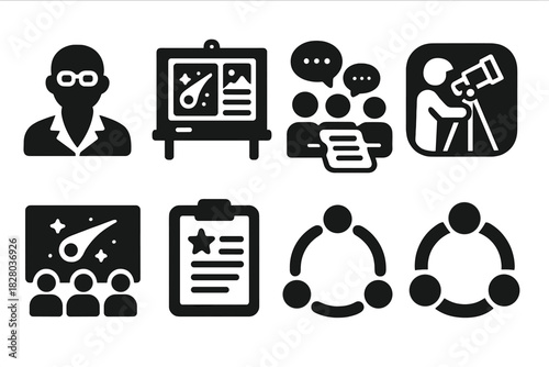 Research Team Icons. Solid style icons of research team elements: scientist profile icon, photo analysis board, data review group.