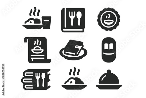 Edible Storytelling Icons. Solid style icons of edible storytelling archives: meal scene icon, flavor + tale book, dish caption
