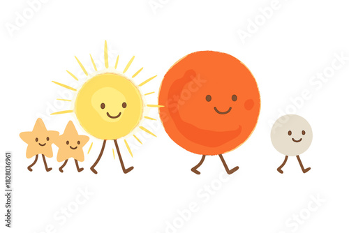 Star Life Parade. Life cycle of a star shown as a parade with tiny protostars, glowing main-sequence stars, red giants, and white