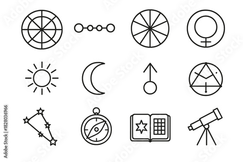 Astrological Tools Icons. Line style icons of Astrological Tools: Birth Chart, Planet Alignment, House Segmentation, Zodiac Sign;
