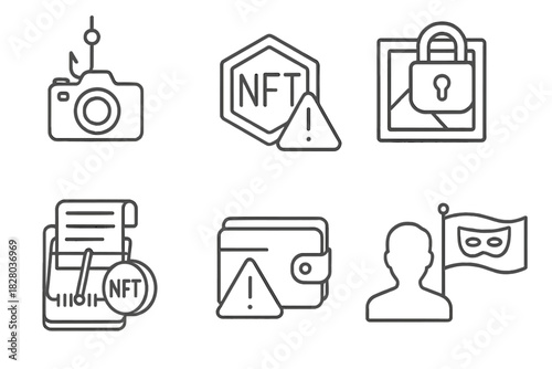 Photography NFT Icons. Line style icons of photography NFT scams and security: phishing camera icon, fake token alert, duplicate