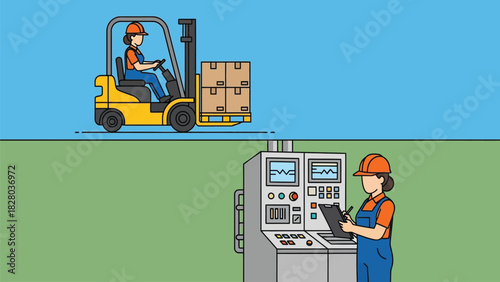 Female workers in industrial settings operating forklift logistics and monitoring manufacturing machinery control panel. Vector illustration of supply chain process.