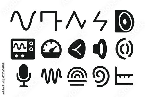 Analog Sound Wave Icons. Solid style icons of Analog Sound Waves: Sine Wave, Square Wave, Triangle Wave, Sawtooth Wave,