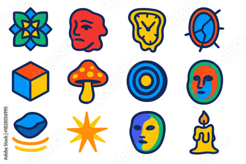 Altered States Icons. Flat vector icons of Altered States: kaleidoscope pattern, fluid face, liquid clock, broken mirror, shifting