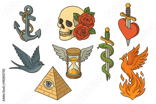 Tattoo Symbolism Collection. Isometric vector illustration set of Tattoo symbolism: anchor with rope, skull with roses, heart with