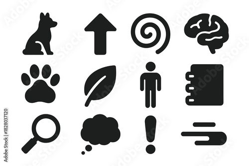 Adaptive Behavior Icons. Solid style icons of adaptive behavior and decision-making: animal silhouette, arrow, spiral, brain, paw